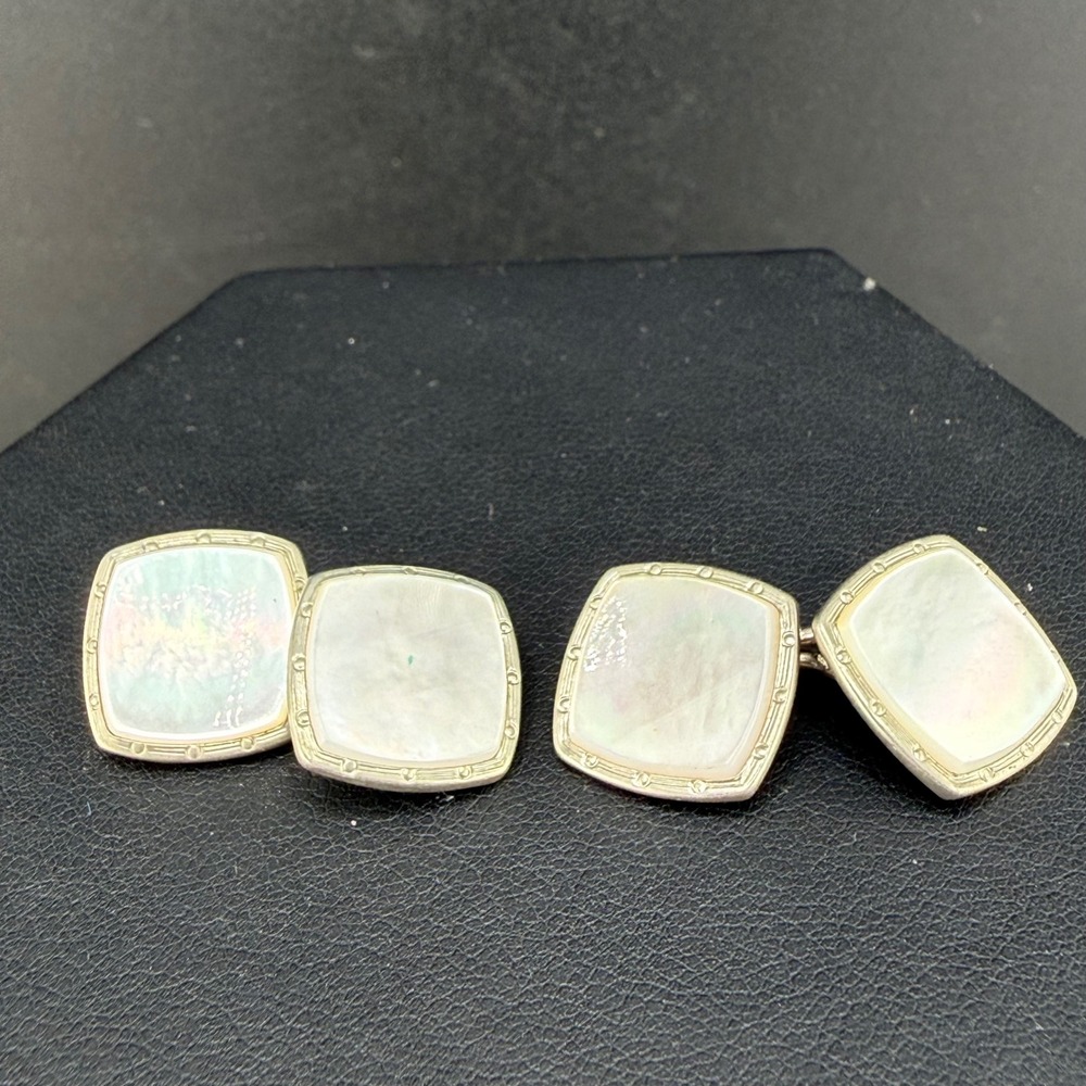 Vintage Cufflinks White Mother of Pearl Square Double Sided Silver Tone READ